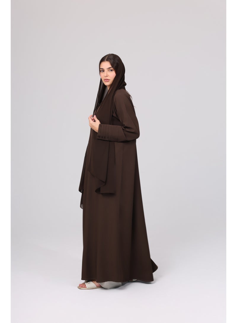 IKKXA Formal Button Details Pleated Sleeves Abaya ABY1098 Brown - Image 2